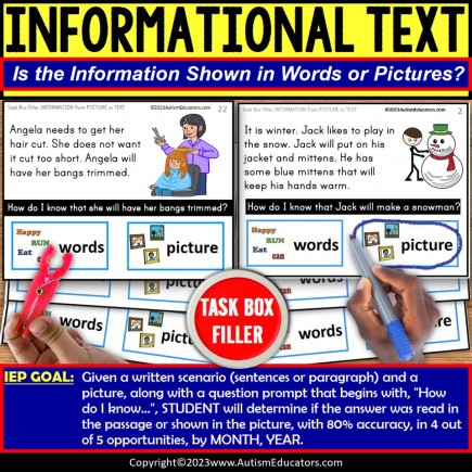 Text Features and Pictures for Reading Comprehension Task Box Filler for Autism